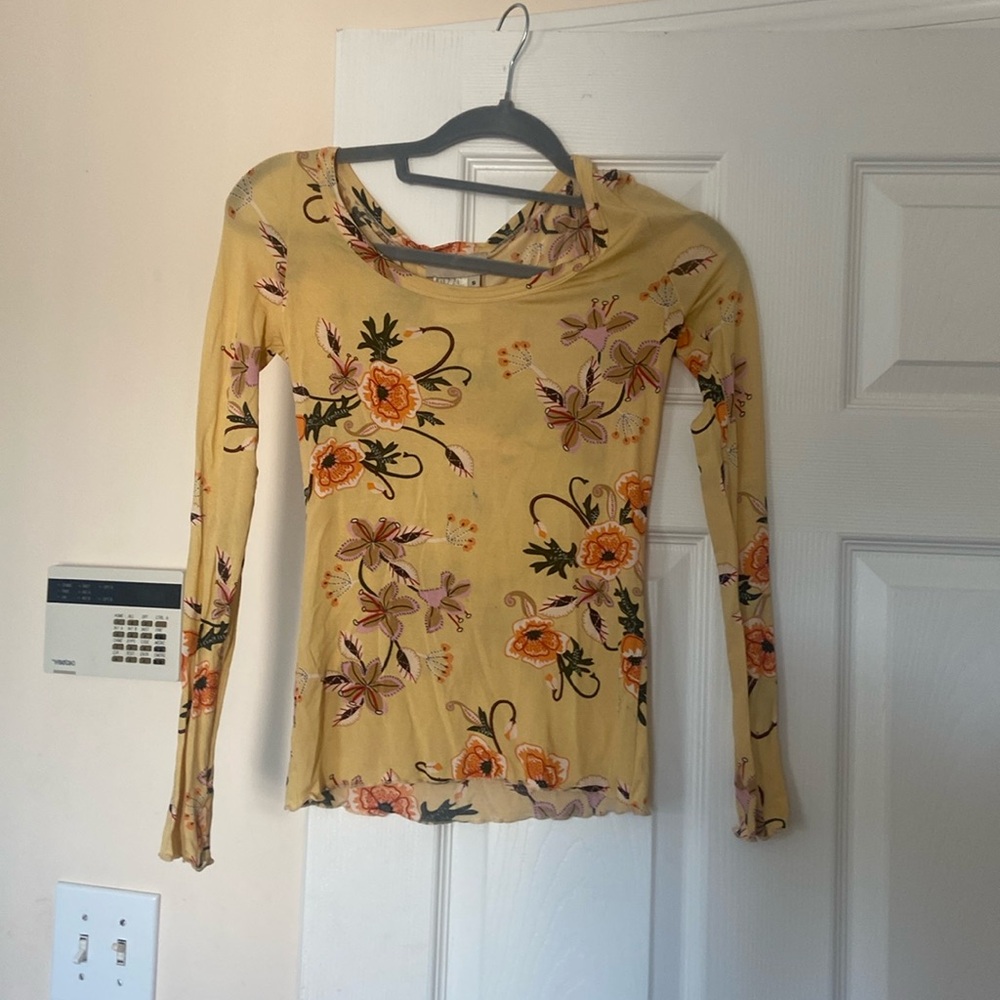 Fuzzi Yellow Floral Long-Sleeve Women's Mesh Top